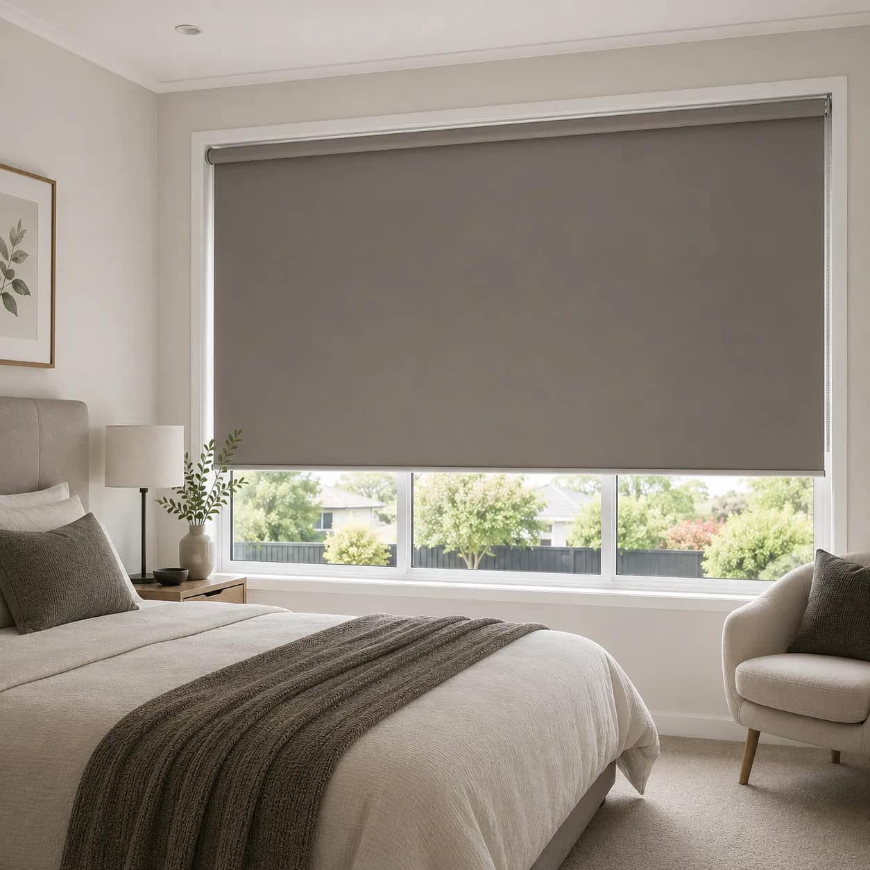 Roller blinds installed in a bright window
