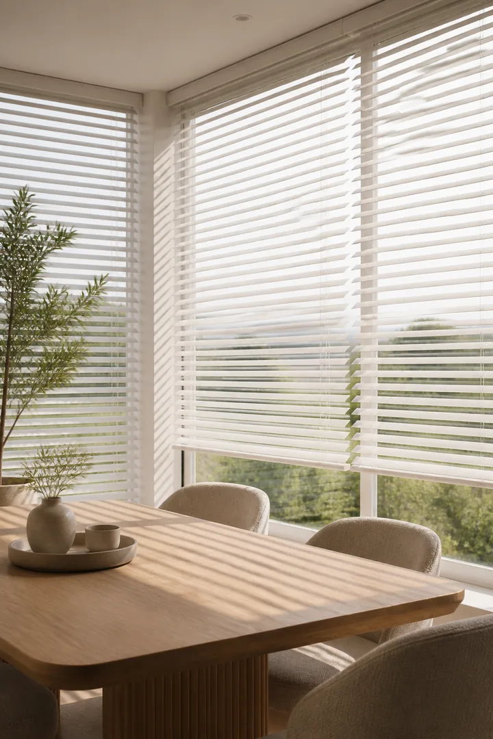 White Venetian blinds controlling daylight in a modern dining room